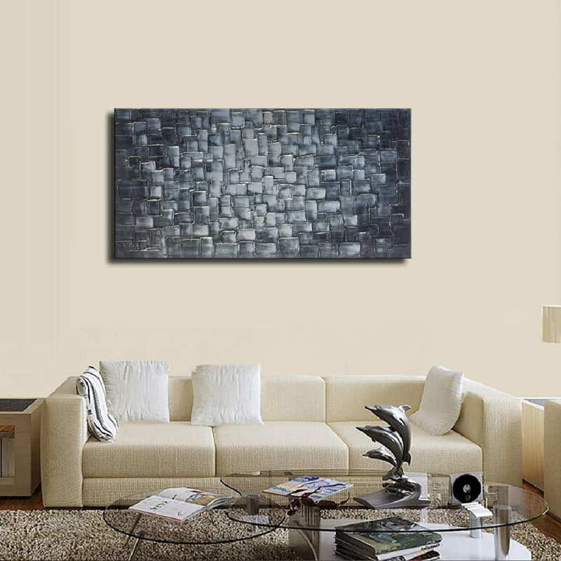 Orren Ellis Large Abstract Silver Square Wall Art With HandPainted